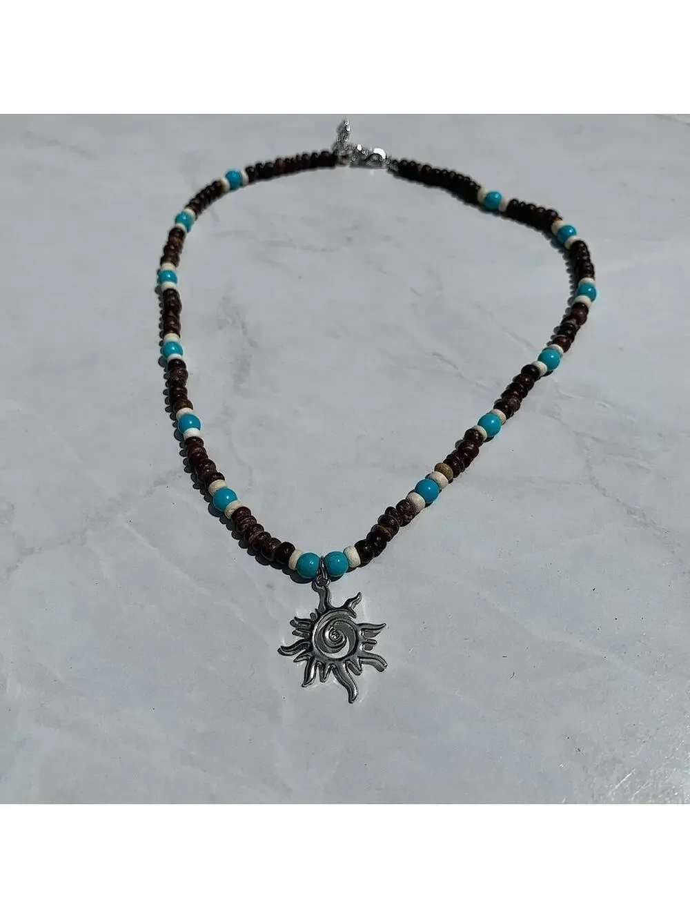 Y2k 2000s style Wood Beaded dark brown and blue mixed wood Necklace with Cyber